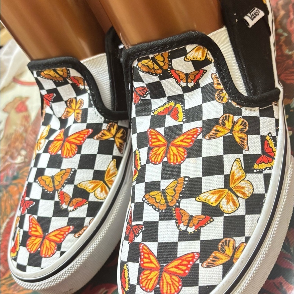 Vans Kids' Black and Orange Butterfly Checkerboard Sneakers